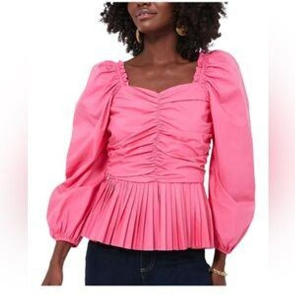 Tuckernuck Hyacinth House Pink Ruched Peplum Puff Sleeve Cotton Mina Blouse M